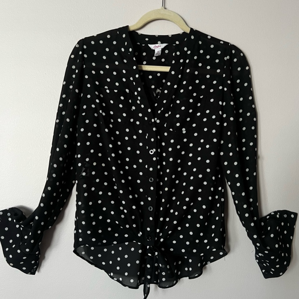 Black with white polka dot Blouse, tie front, lace back, Candies